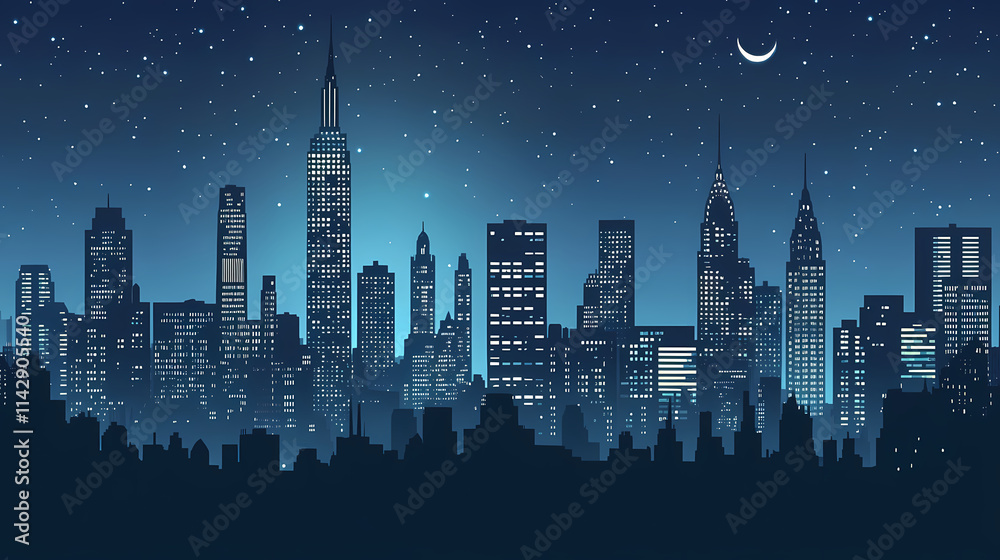 Fototapeta premium City with skyscrapper in the night. Nocturne. Illustration