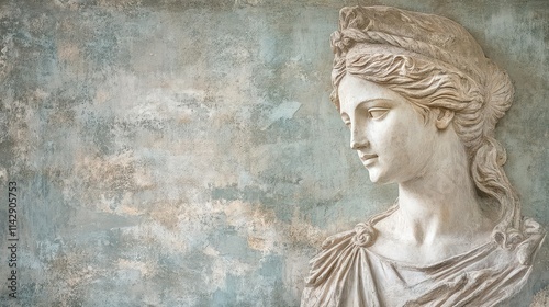 pastel-toned backdrop enhances the elegance of an ancient greek goddess sculpture, with delicate details and a tranquil aura, evoking timeless beauty and serenity