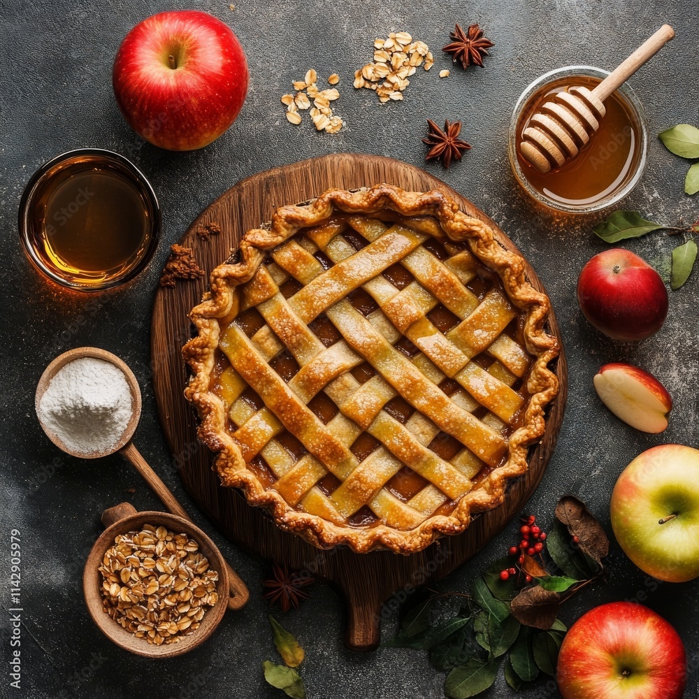 Fresh apples, honey, and healthy ingredients for apple pie. Fresh apples, honey, and healthy ingredients for apple pie.