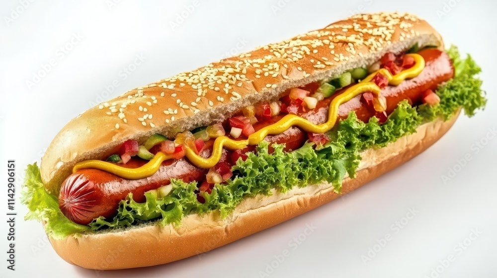 perfectly garnished hot dog, with mustard, on a seamless white background, emphasizing its juicy and tempting appeal perfectly garnished hot dog, with mustard, on a seamless white background, emphasizing its juicy and tempting appeal