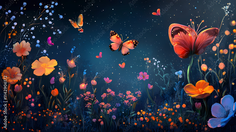 Flowers and butterflies dancing in the night sky. Nocturne. Illustration Flowers and butterflies dancing in the night sky. Nocturne. Illustration