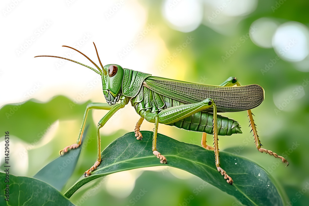 Fototapeta premium Closeup green grasshopper isolated PNG on transparent background