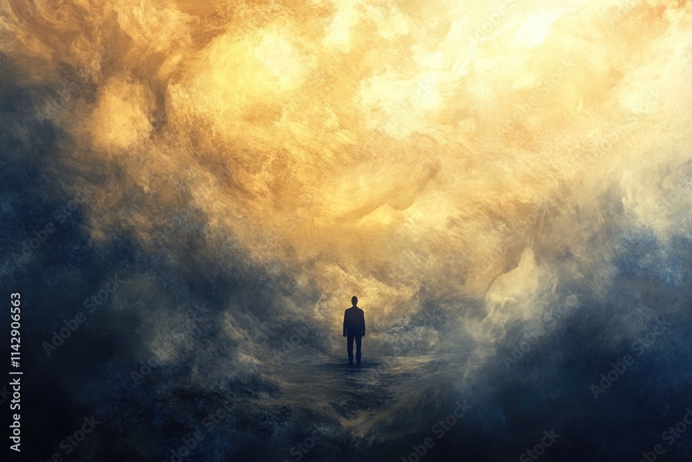 Fototapeta premium A person stands in the middle of a cloudy sky, offering a sense of freedom and limitless possibilities