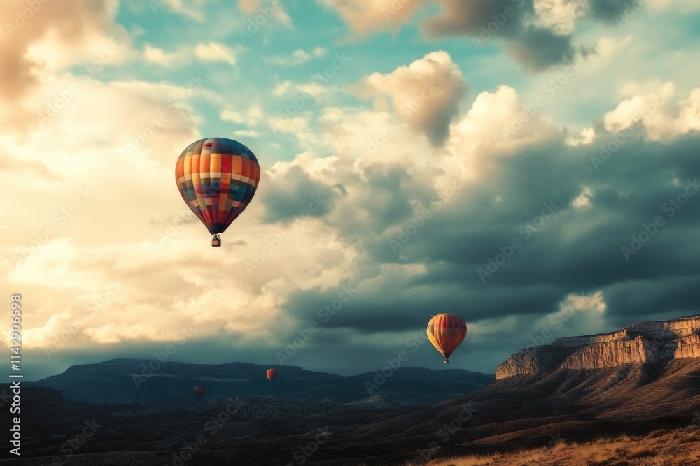 Obraz premium A group of hot air balloons flying through a cloudy sky, great for use in travel or adventure scenes