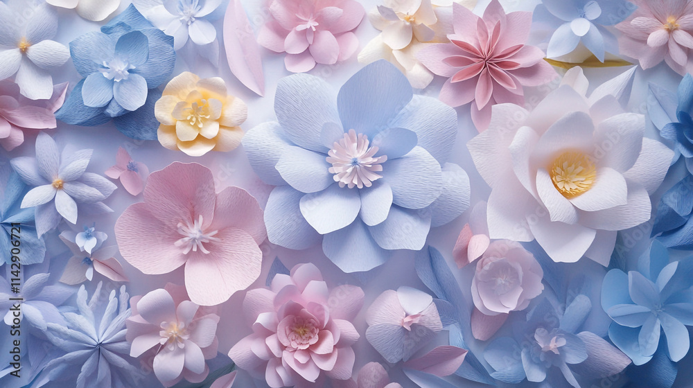 Artistic display of handcrafted pastel paper flowers arranging randomly with patterns, Floral paper cut art illustration background with beautiful elegant floral patterns and soft colors. Artistic display of handcrafted pastel paper flowers arranging randomly with patterns, Floral paper cut art illustration background with beautiful elegant floral patterns and soft colors.