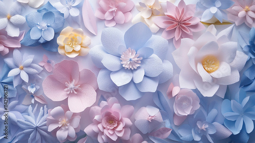 Wallpaper Mural Artistic display of handcrafted pastel paper flowers arranging randomly with patterns, Floral paper cut art illustration background with beautiful elegant floral patterns and soft colors. Torontodigital.ca