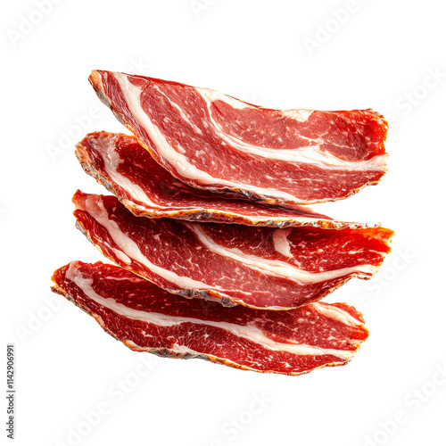 Thin slices of cured meat Capocollo isolated on white transparent background, concept of gastronomy photo