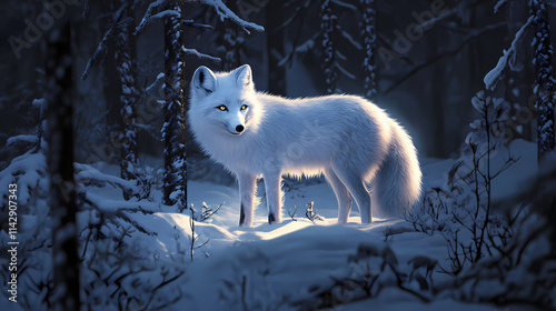 Majestic arctic fox standing vigilant in snowy woodland at night with ethereal glow. Nocturne. Illustration