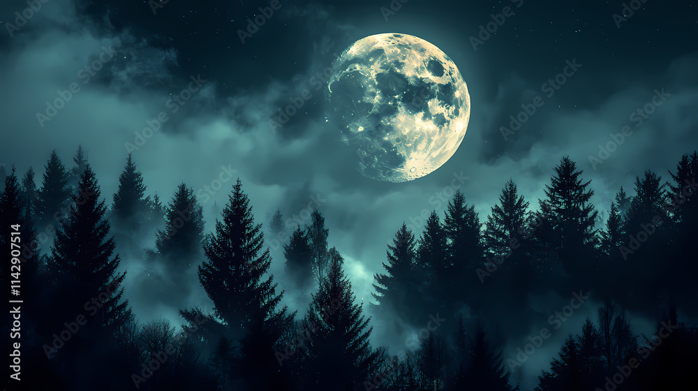 Moody and atmospheric night sky with glowing moon and silhouetted evergreen forest. Nocturne. Illustration Moody and atmospheric night sky with glowing moon and silhouetted evergreen forest. Nocturne. Illustration