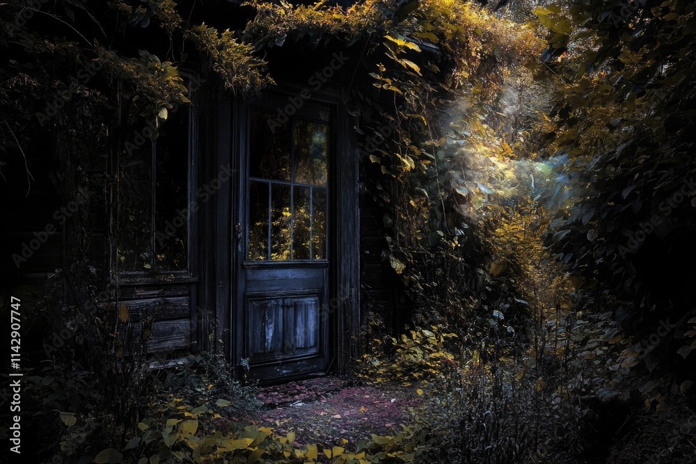 Fototapeta premium A blue door stands alone in a dense and dark forest, waiting for discovery