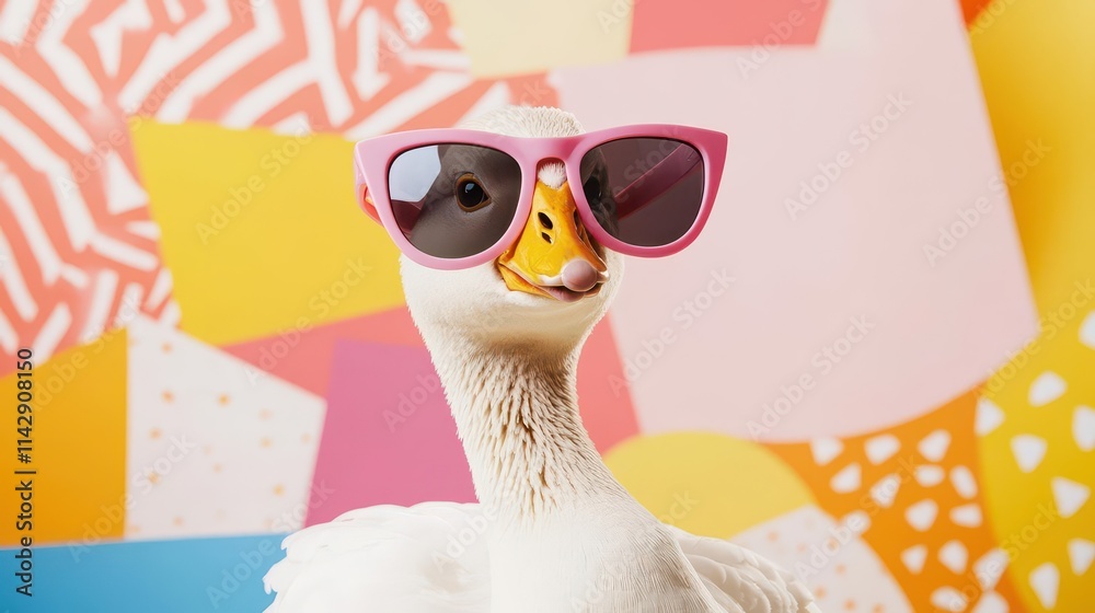 Fototapeta premium playful goose sporting oversized sunglasses, striking a fun pose in a bright, whimsical studio filled with colorful abstract shapes and patterns, radiating joy and lightheartedness