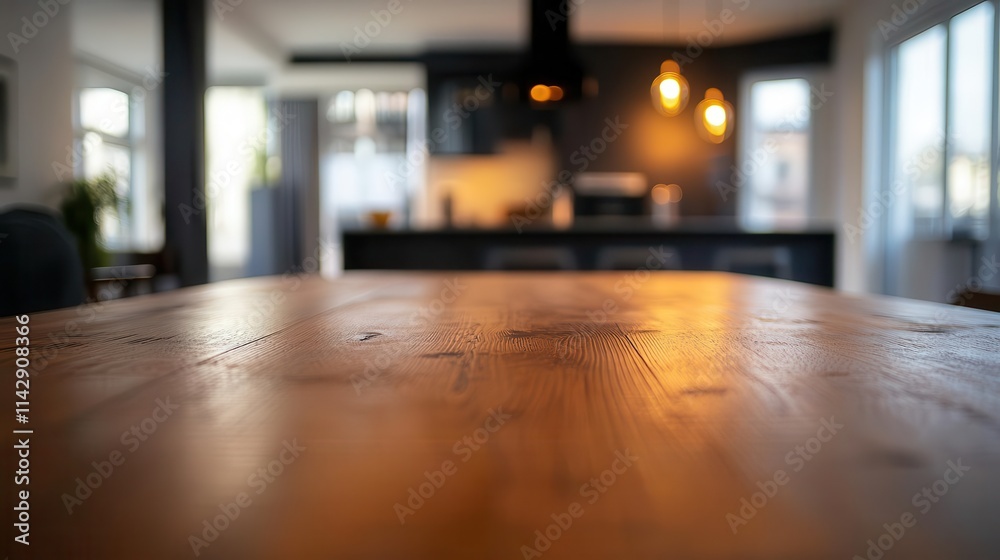 Fototapeta premium polished wooden table in sharp focus with a softly blurred modern kitchen as the backdrop, inviting a scene of culinary creativity and homely warmth