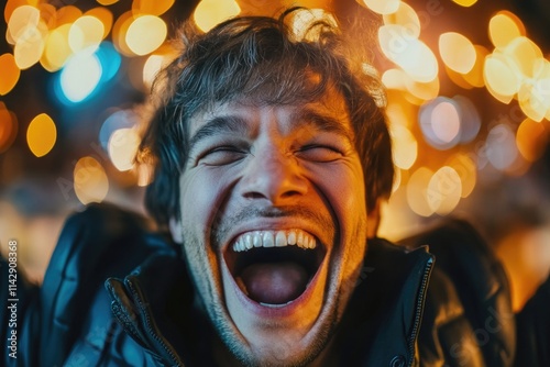 A person laughing with their mouth wide open, conveying joy and happiness
