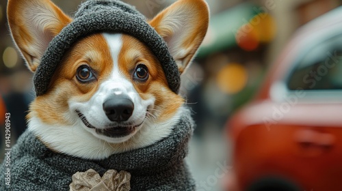 A brown and white dog dressed in winter accessories, perfect for cold weather scenes or seasonal themes photo