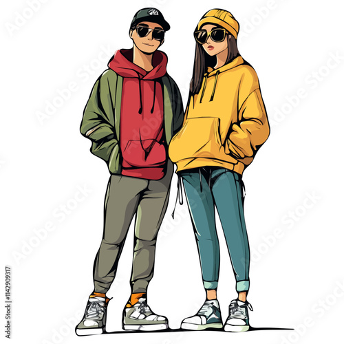 Stylish Couple in Streetwear Style – Urban Fashion Illustration
