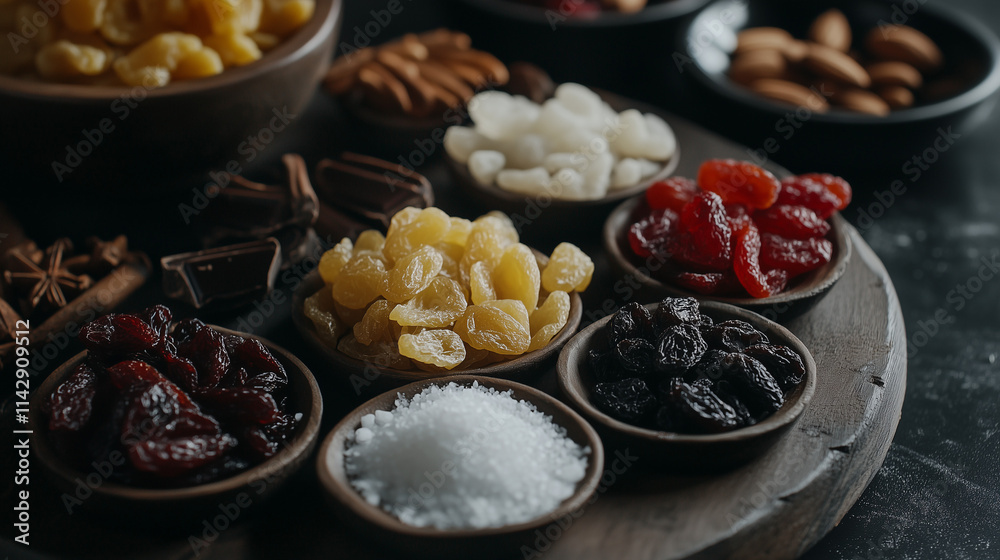 Recipe preparation ingredients: dried fruits, nuts, and salt close-up, food ingredients in the bowls, side view. Recipe preparation ingredients: dried fruits, nuts, and salt close-up, food ingredients in the bowls, side view.