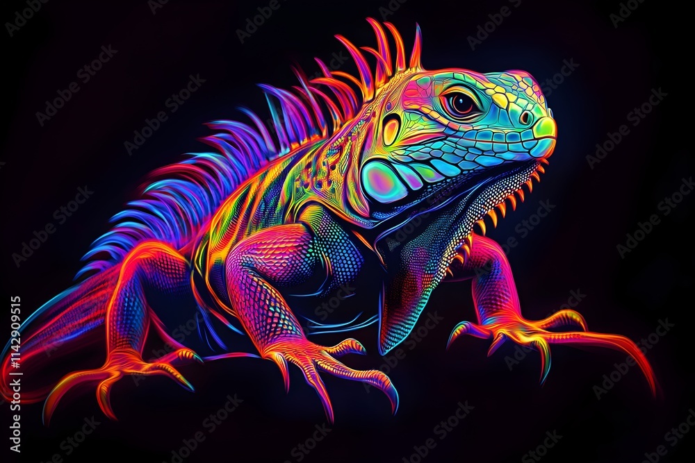 Obraz premium Neon light trails portrait of a vibrant cartoon iguana isolated on black background.