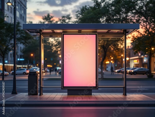  bus stop with a blank, illuminated advertisement on the back of the bus waiting shed. The advertisement is pink and there is a garbage can next to the bus stop. mockap