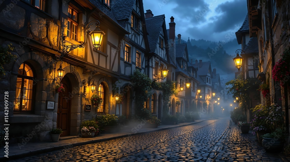 Fototapeta premium charming, cobblestone street at night, illuminated by warm, glowing lanterns. The scene is reminiscent of a medieval European village, with old, narrow houses and a misty ambiance.