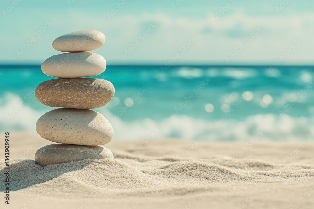 Tranquil Stacked Stones on Sandy Beach with Gentle Waves and Soft Focus, Symbolizing Balance, Harmony, and Serenity in a Coastal Paradise