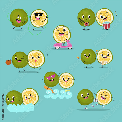 Sweetie, lemon fruit cute funny cheerful characters. Vector hand drawn illistration.