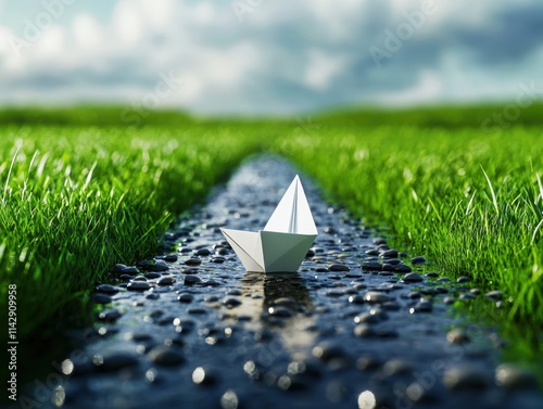 Close-up of paper boat sailing in puddle surrounded by pebbles and grass lifelike textures 3D illustration photo