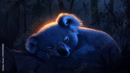 A glowing, stylized koala sleeping peacefully in a dark background. Nocturne. Illustration photo