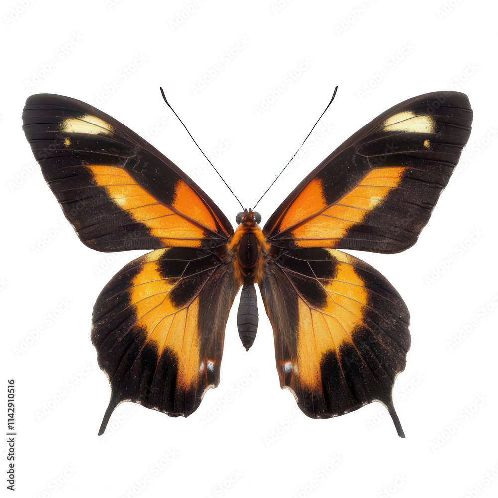 A beautiful orange and black butterfly with spread wings isolated on white or transparent background.