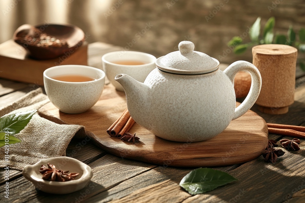 Serene Tea Ceremony Setup with Elegant Teapot and Cups Emphasizing Natural Wood and Earthy Tones in a Tranquil Environment Serene Tea Ceremony Setup with Elegant Teapot and Cups Emphasizing Natural Wood and Earthy Tones in a Tranquil Environment