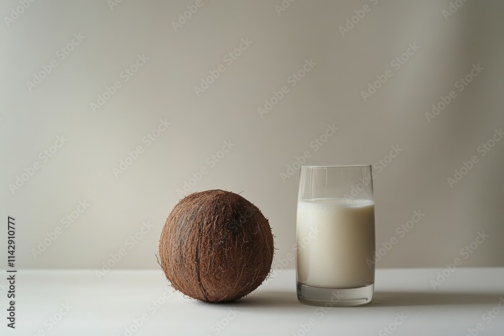 Close-up of a whole coconut beside a glass of creamy coconut milk against a simple backdrop for a health and wellness concept, ideal for culinary or beverage use Close-up of a whole coconut beside a glass of creamy coconut milk against a simple backdrop for a health and wellness concept, ideal for culinary or beverage use