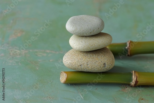 Tranquil Zen Stones Stacked on Green Background with Bamboo for Relaxation and Wellness, Perfect for Meditation, Spa, and Nature Themes photo