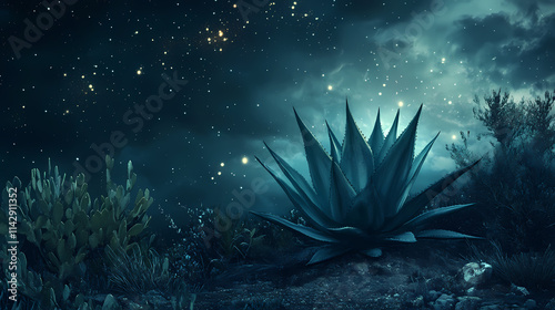 Agave nocturne starry night sky dark moody atmospheric mysterious celestial wonder magic loneliness isolation quiet contemplation. Nocturne. Illustration photo