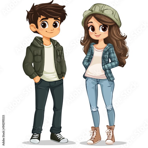 Charming Couple in Tomboy and Preppy Styles – Bold and Classy Fashion Illustration
 photo