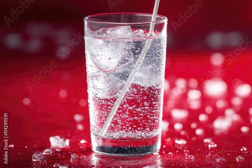 A clear glass filled with cold water, containing a straw and ice cubes photo