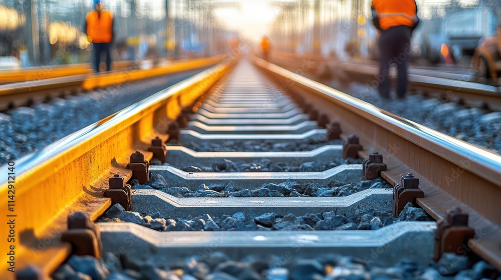 Obraz premium railway tracks in sharp focus with blurred railroad workers in high visibility gear inspecting the site, depicting diligence and safety in the transportation industry