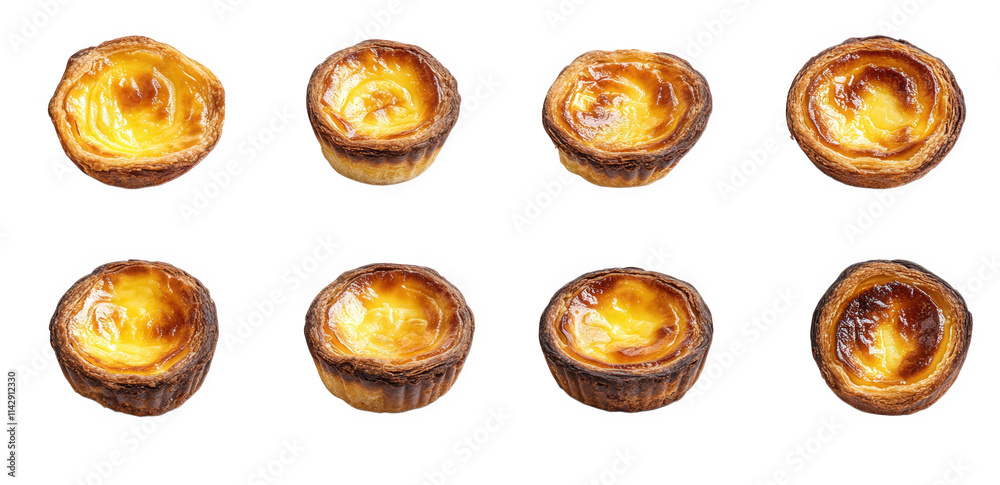 eight golden-brown egg tarts with flaky crust and custard filling. isolated on a transparent background eight golden-brown egg tarts with flaky crust and custard filling. isolated on a transparent background