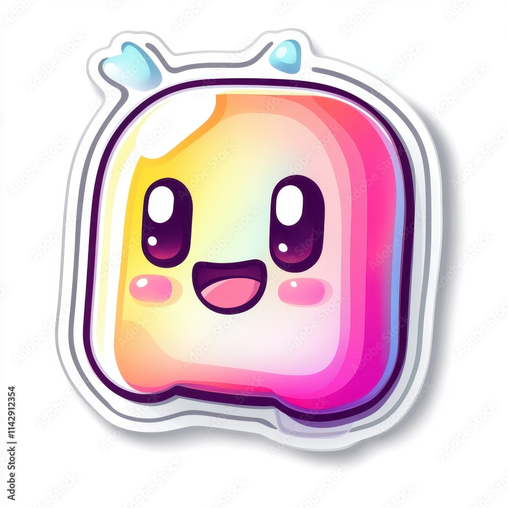 Cute cartoon square character with gradient rainbow colors, happy smiling face, and cheerful expression, adorable modern digital mascot design Cute cartoon square character with gradient rainbow colors, happy smiling face, and cheerful expression, adorable modern digital mascot design