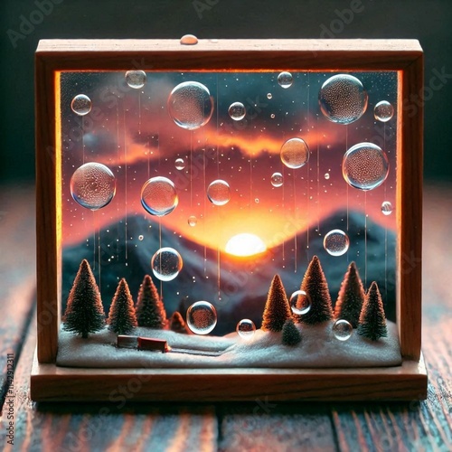 A miniature winter scene inside a wooden frame, with bubbles representing rain or snow against a sunset backdrop.