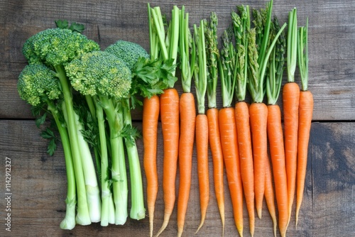 Fresh Vegetables on Wooden Table Featuring Broccoli, Carrots, and Asparagus for Healthy Eating and Cooking Inspiration with Vibrant Colors and Natural Textures