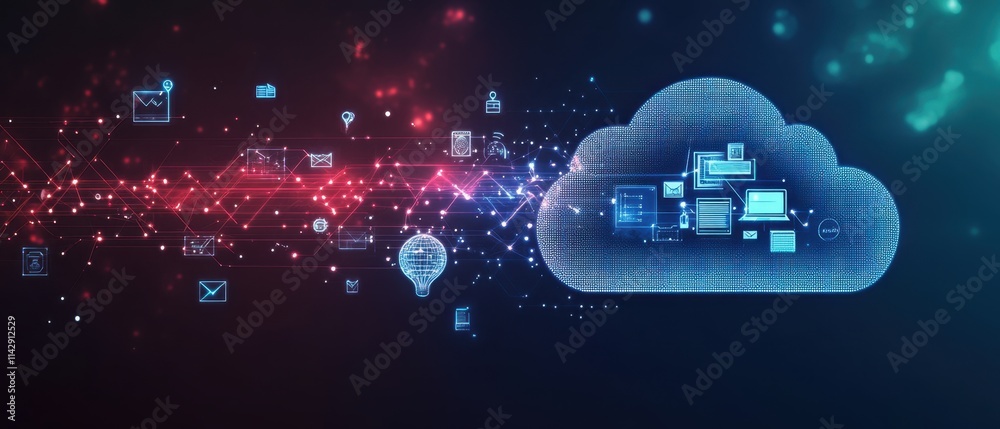 A digital cloud symbol with icons representing various types of data, such as documents and images, connected to each other on the left side against a dark background Generative AI A digital cloud symbol with icons representing various types of data, such as documents and images, connected to each other on the left side against a dark background Generative AI
