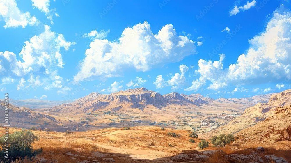 realistic depiction of mount nebo in jordan, showcasing its majestic landscape under bright blue skies, inviting viewers to appreciate its historical and natural significance realistic depiction of mount nebo in jordan, showcasing its majestic landscape under bright blue skies, inviting viewers to appreciate its historical and natural significance