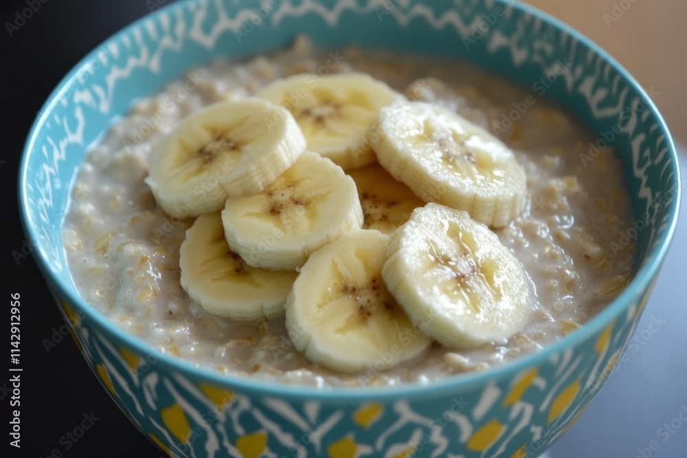 Creamy Oatmeal Bowl Topped with Fresh Banana Slices in a Beautifully Designed Turquoise Bowl, Perfect for Healthy Breakfast Ideas and Food Photography Creamy Oatmeal Bowl Topped with Fresh Banana Slices in a Beautifully Designed Turquoise Bowl, Perfect for Healthy Breakfast Ideas and Food Photography