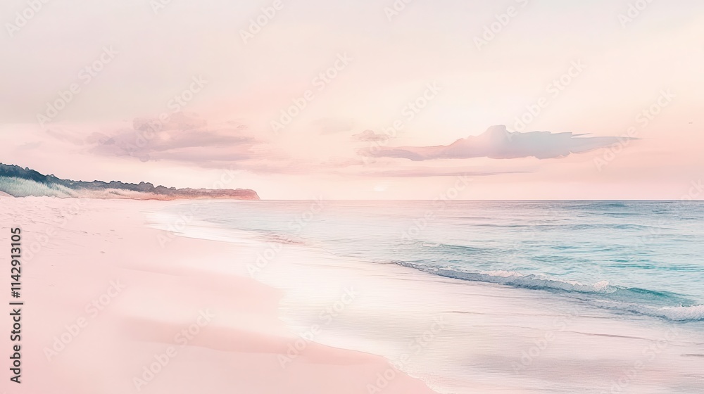 Obraz premium realistic watercolor depiction of a serene beach scene, painted in soft pink and pastel tones, evoking a sense of calm and idyllic beauty in nature