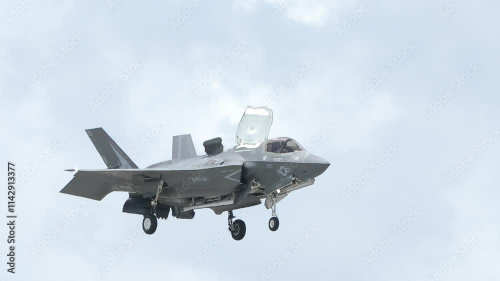 An F-35 lightning aircraft hovers at the Marine Corp Air Station in Beaufort, South Carolina