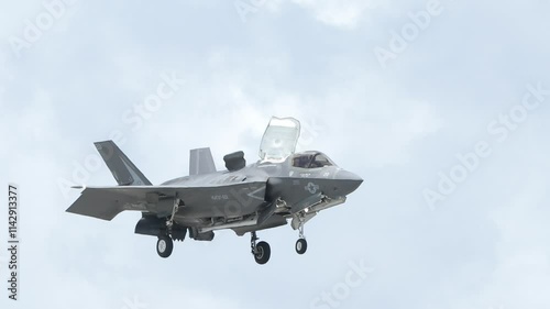 An F-35 lightning aircraft hovers at the Marine Corp Air Station in Beaufort, South Carolina