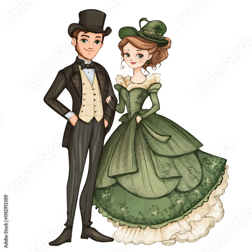 Cute Couple with Victorian Style Vector Illustration | Elegant and Historic Fashion Artwork for Logos & Digital Designs  
