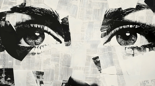 A collage of black and white newspaper clippings, creating an abstract portrait with the eyes of two women  -