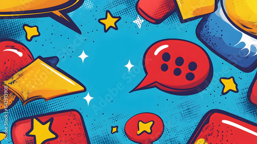 A colorful cartoon-style background for an online store, featuring comic book-inspired speech bubbles and stars in bright blue, red, and yellow colors  -