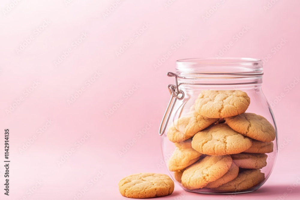 Freshly Baked Cookies in a Glass Jar on a Soft Pink Background Perfect for Sweet Treats and Dessert Themes Freshly Baked Cookies in a Glass Jar on a Soft Pink Background Perfect for Sweet Treats and Dessert Themes