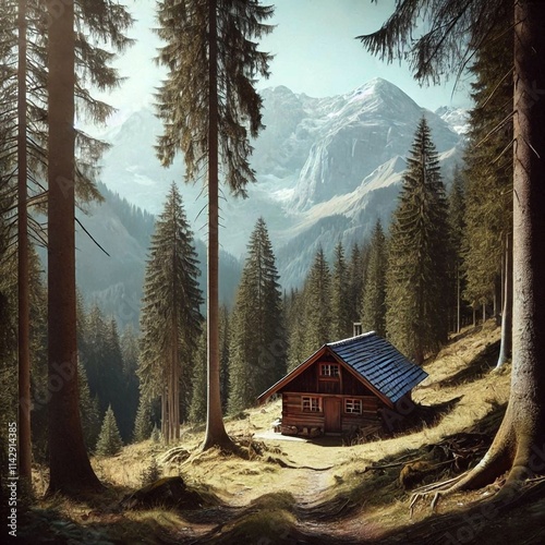 A rustic wooden cabin nestled in a lush forest with a snow-capped mountain range in the background.